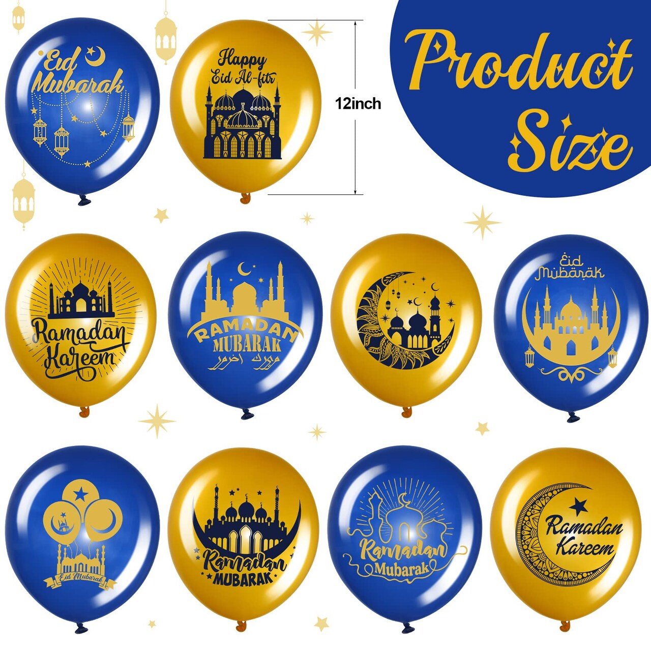 40 PCS Ramadan Mubarak Balloons Eid Mubarak Party Decoration Happy Eid al-Fitr Theme Latex Balloons Set for Home Event Indoor Outdoor Ramadan Kareem Decor Supplies, 12 Inches (Blue and Gold)